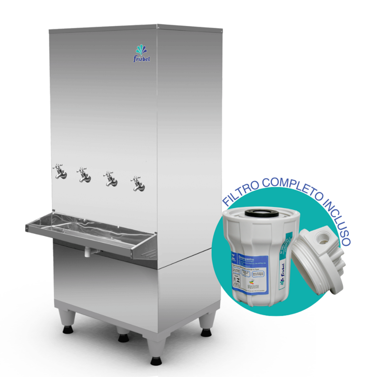 Bebedouro Frisbel 200 Litros Coluna Inox 4 Torneiras Gelada Acompanha Filtro RA200