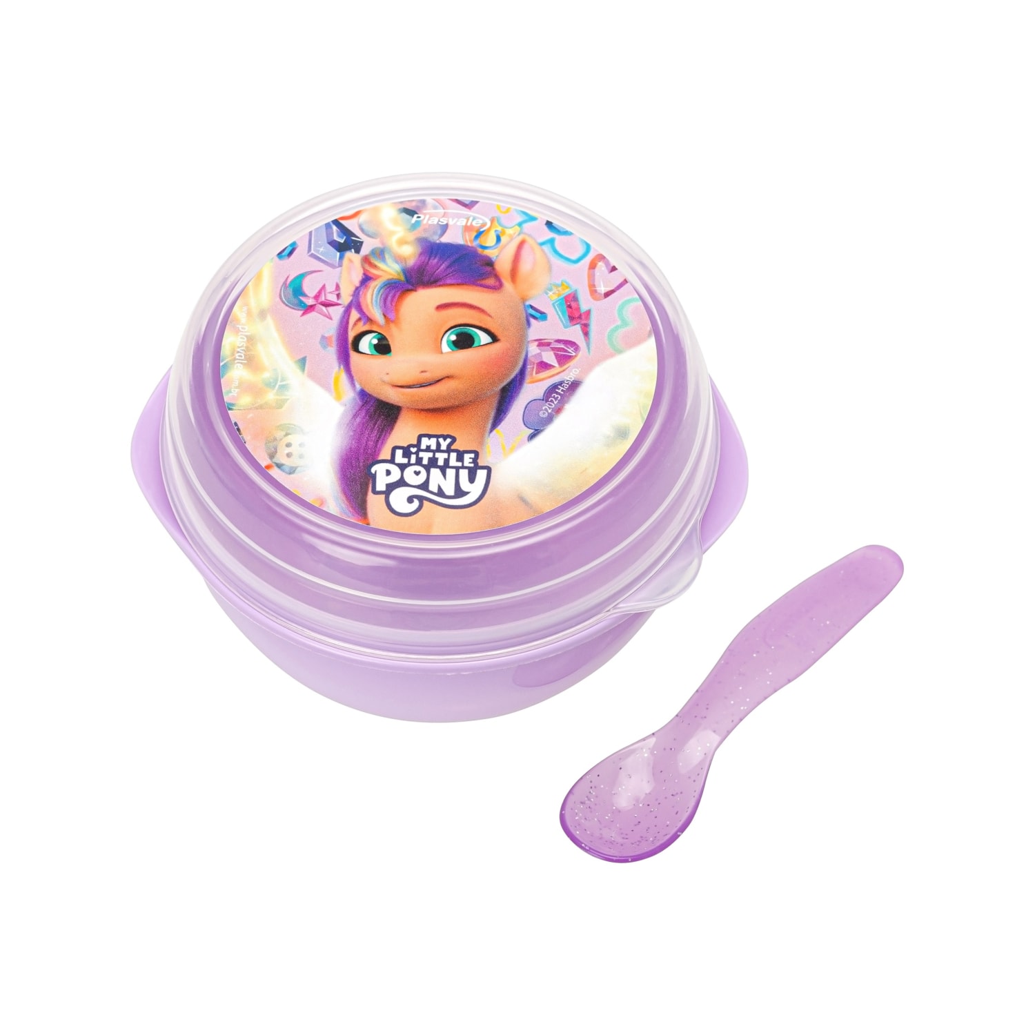 Bowl Com Tampa e Colher Plástica Lilas My Little Pony 500ml Livre de BPA Plasvale