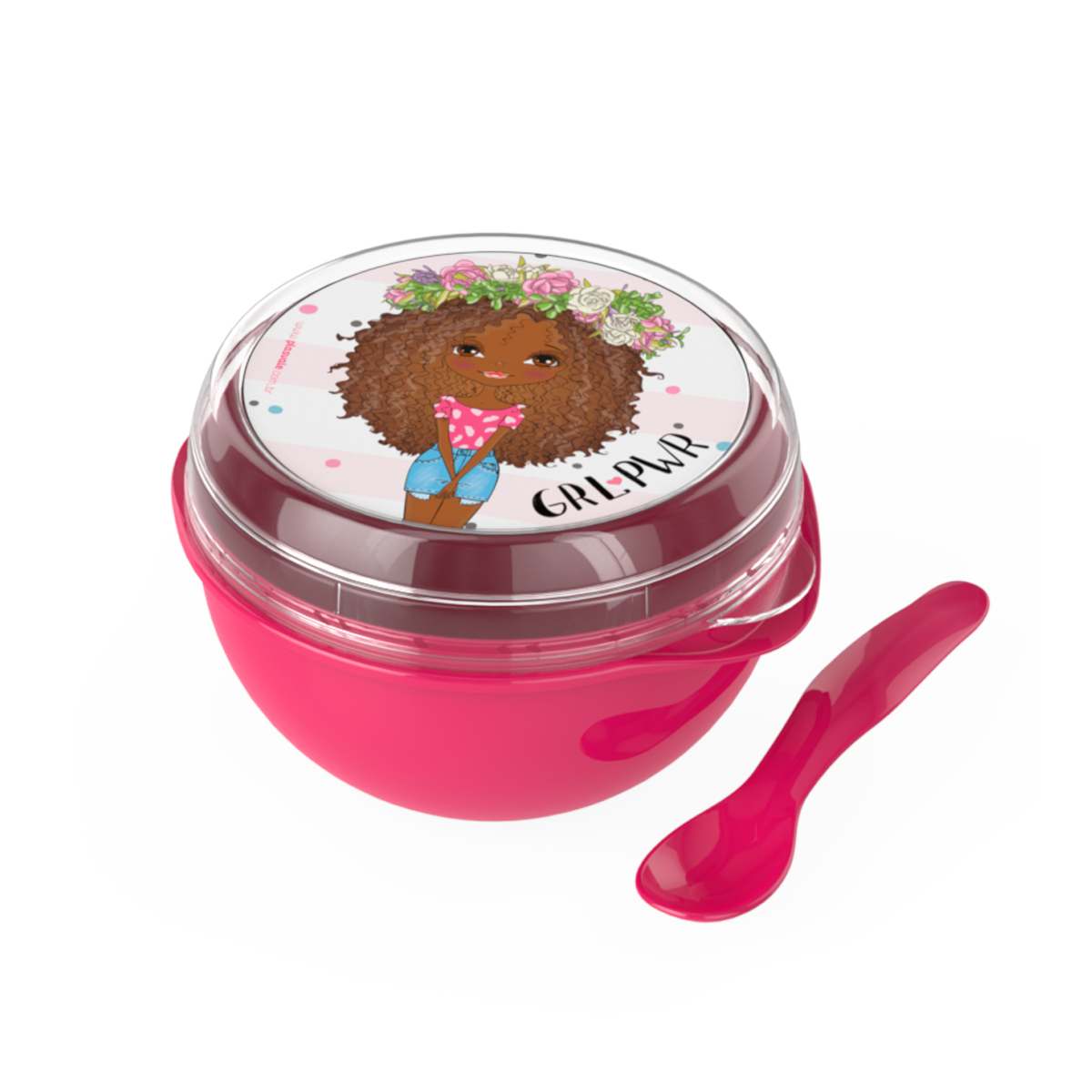 Bowl Com Tampa e Colher Plástica Rosa Power Girl 500ml Livre de BPA Plasvale