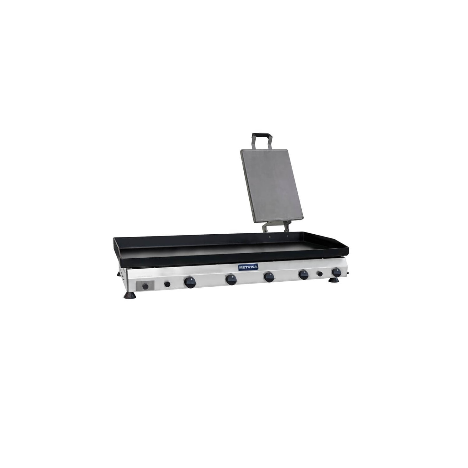 Chapa de Lanche Profissional Com Prensador Metvisa 1,4Metros a gás 6,35mm Espessura 5 Queimadores Gabinete Inox CFGP14