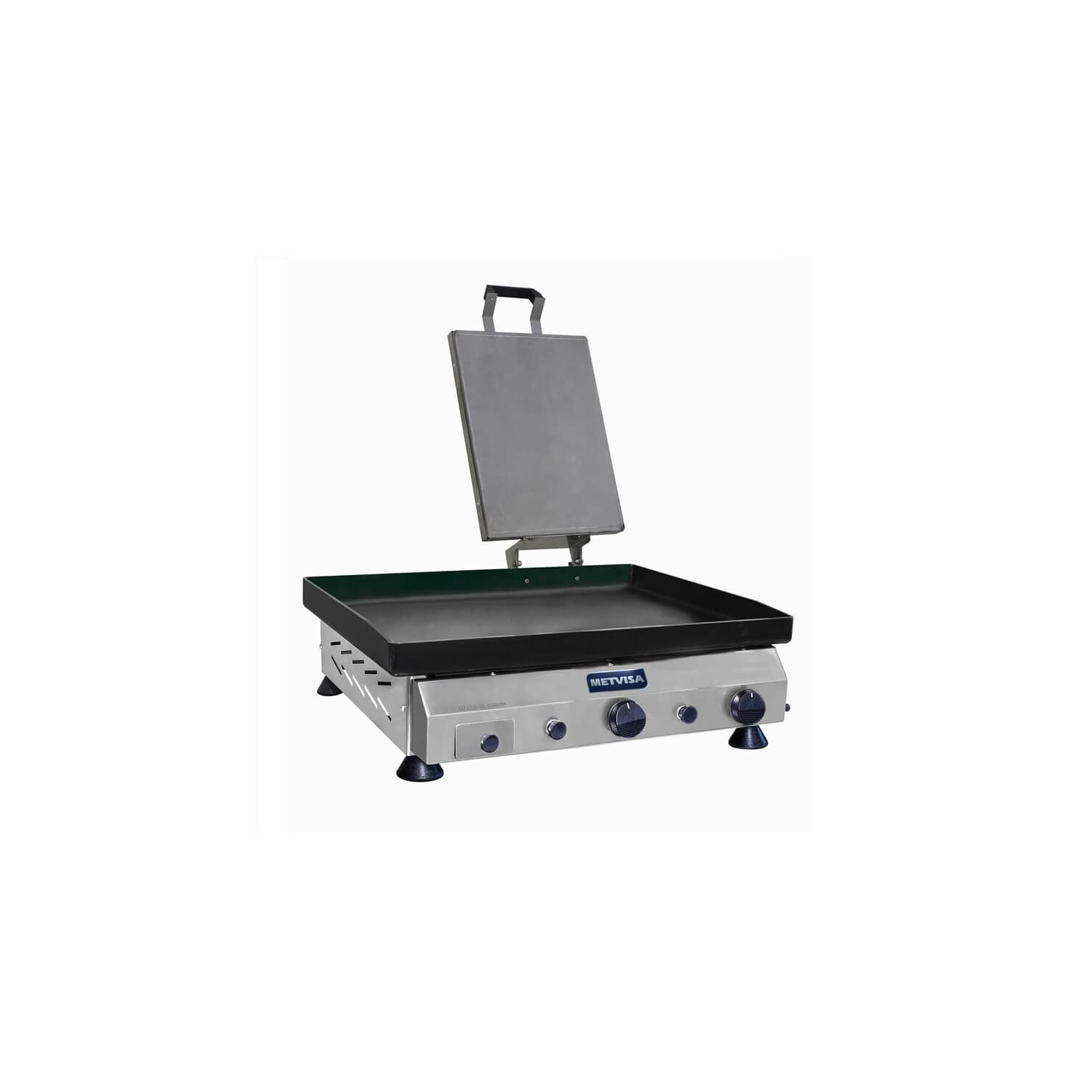 Chapa de Lanche Profissional Com Prensador Metvisa 60 Cm a gás 4,25mm Espessura 2 Queimadores Gabinete Inox CFGP06