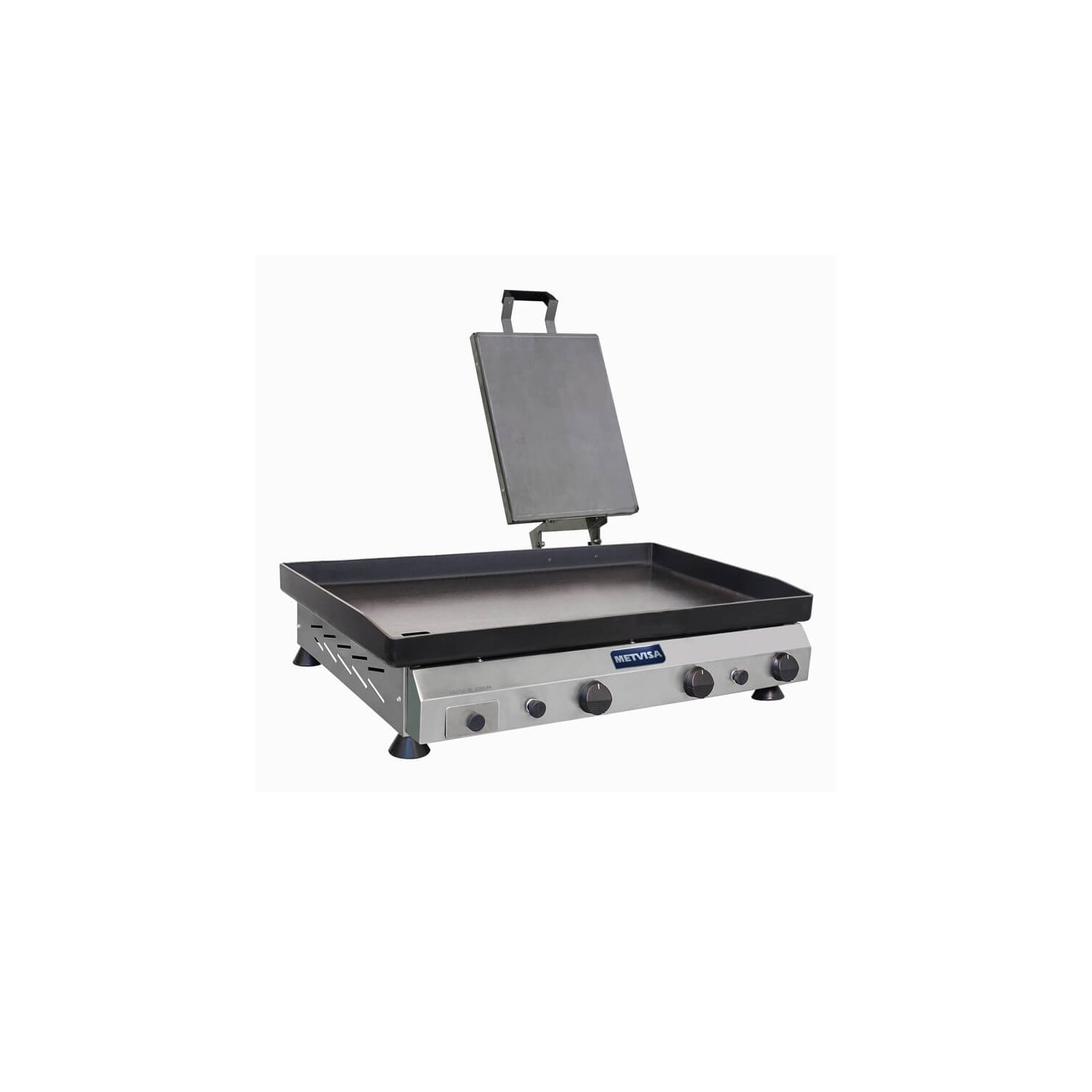 Chapa de Lanche Profissional Com Prensador Metvisa 80 Cm a gás 4,25mm Espessura 3 Queimadores Gabinete Inox CFGP08