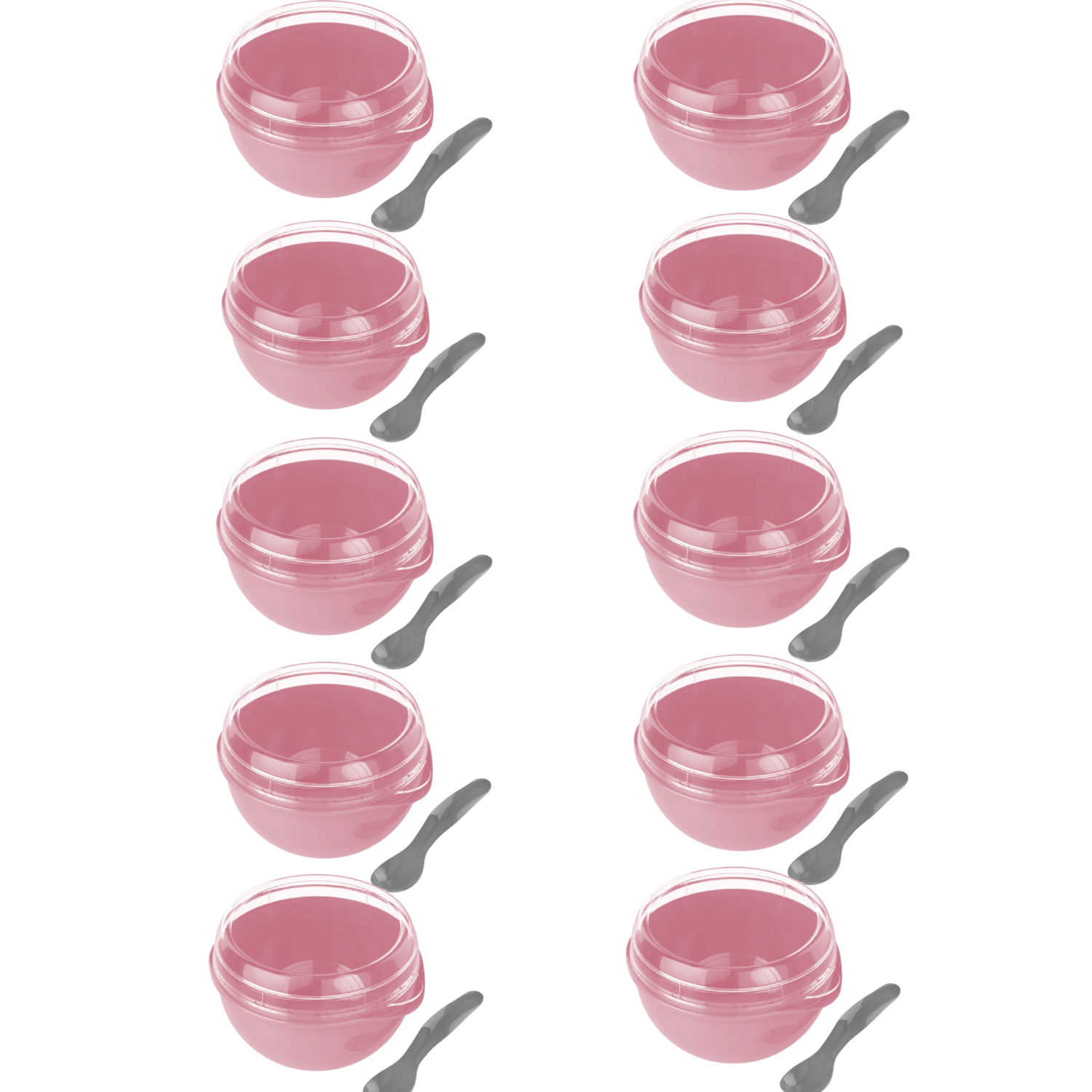 Kit 10 Bowl Com Tampa e Colher Plástica Rosa 500ml Livre de BPA Plasvale