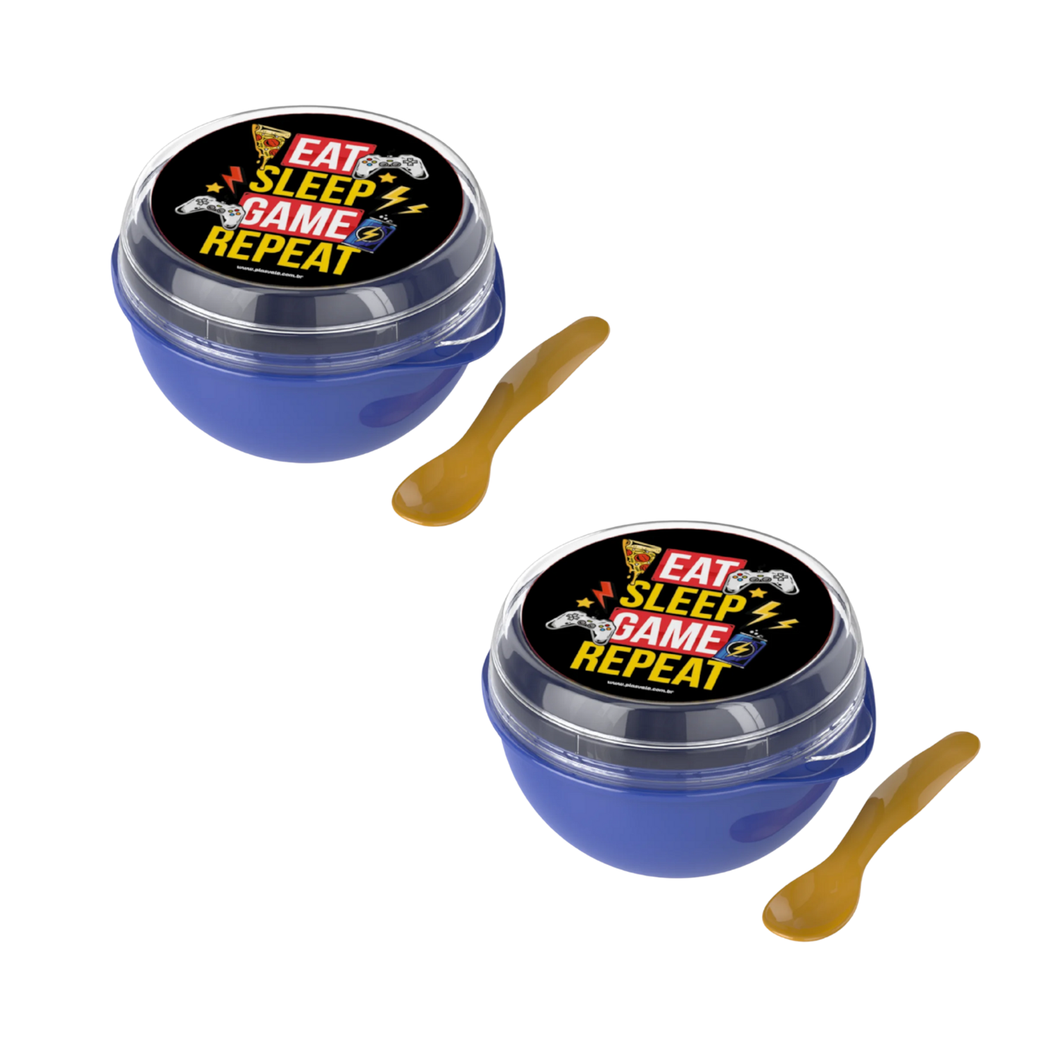 Kit 2 Bowl Com Tampa e Colher Plastica Azul Game 500ml Livre de BPA Plasvale