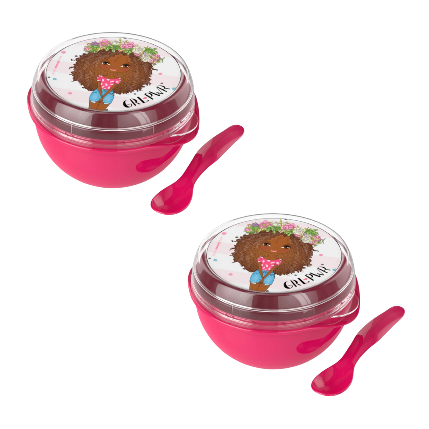 Kit 2 Bowl Com Tampa e Colher Plástica Rosa Power Girl 500ml Livre de BPA Plasvale