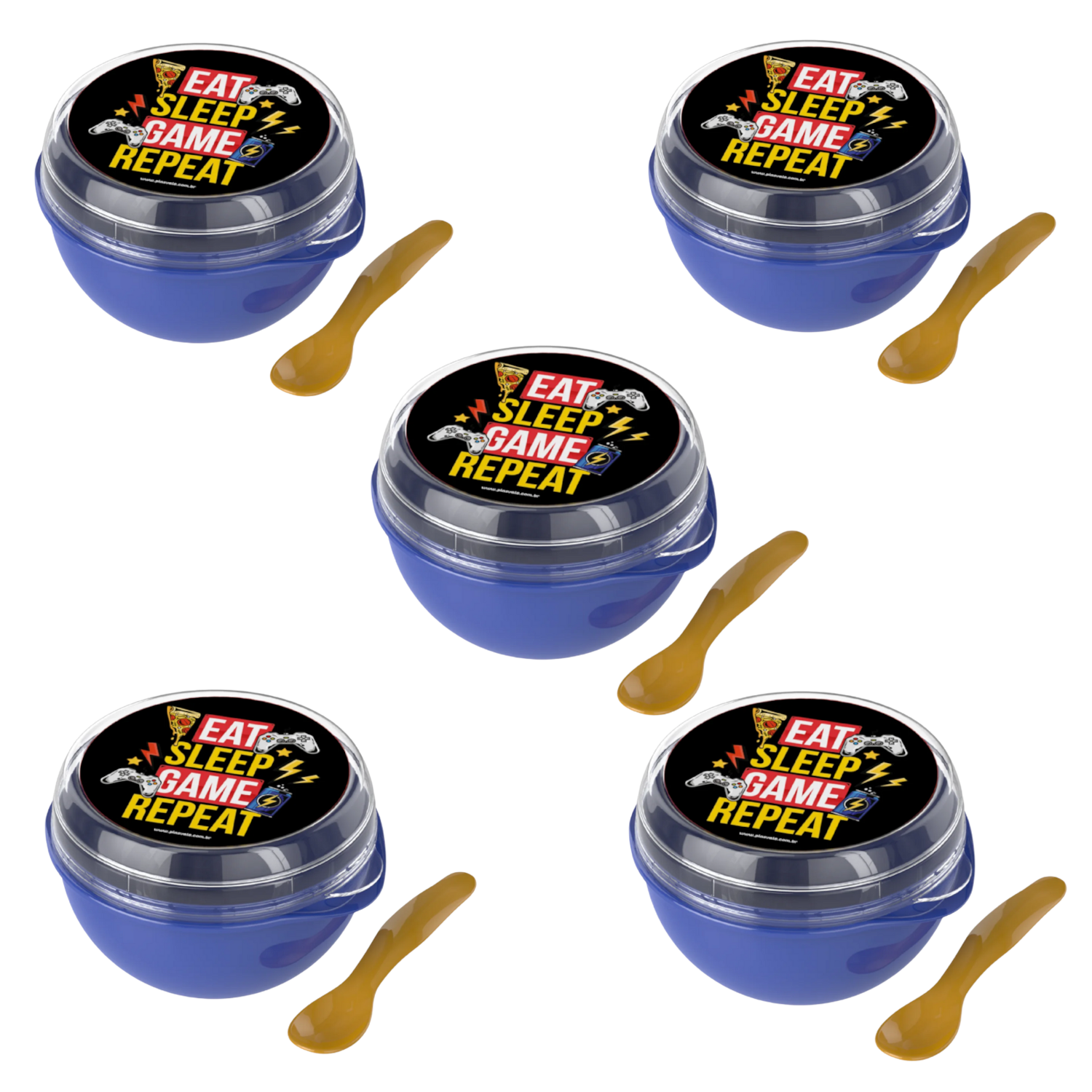 Kit 5 Bowl Com Tampa e Colher Plastica Azul Game 500ml Livre de BPA Plasvale
