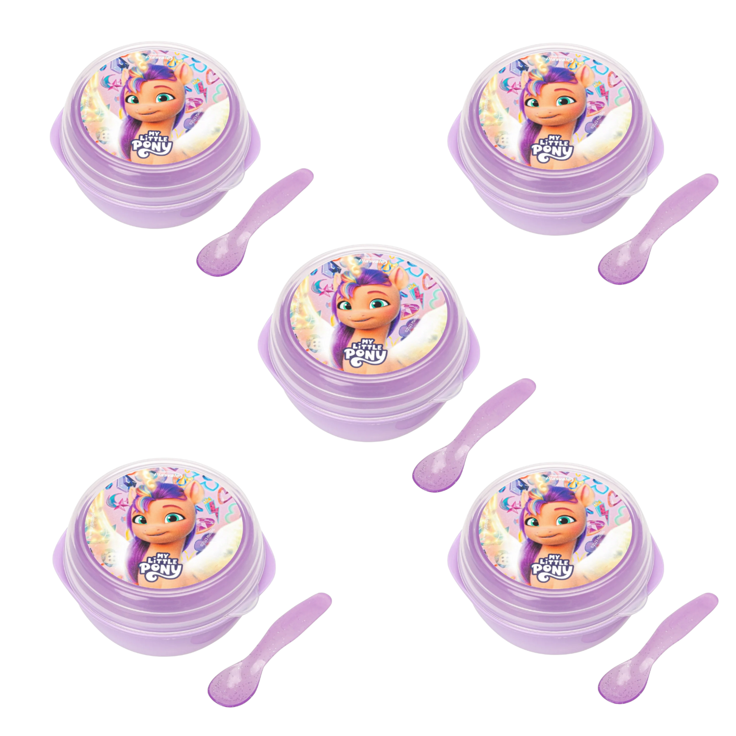 Kit 5 Bowl Com Tampa e Colher Plástica Lilas My Little Pony 500ml Livre de BPA Plasvale