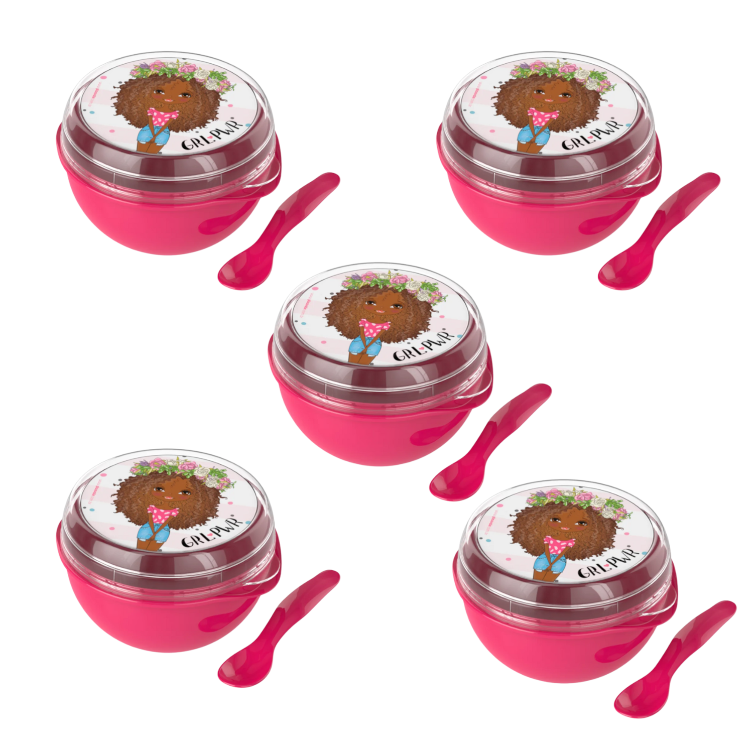 Kit 5 Bowl Com Tampa e Colher Plástica Rosa Power Girl 500ml Livre de BPA Plasvale