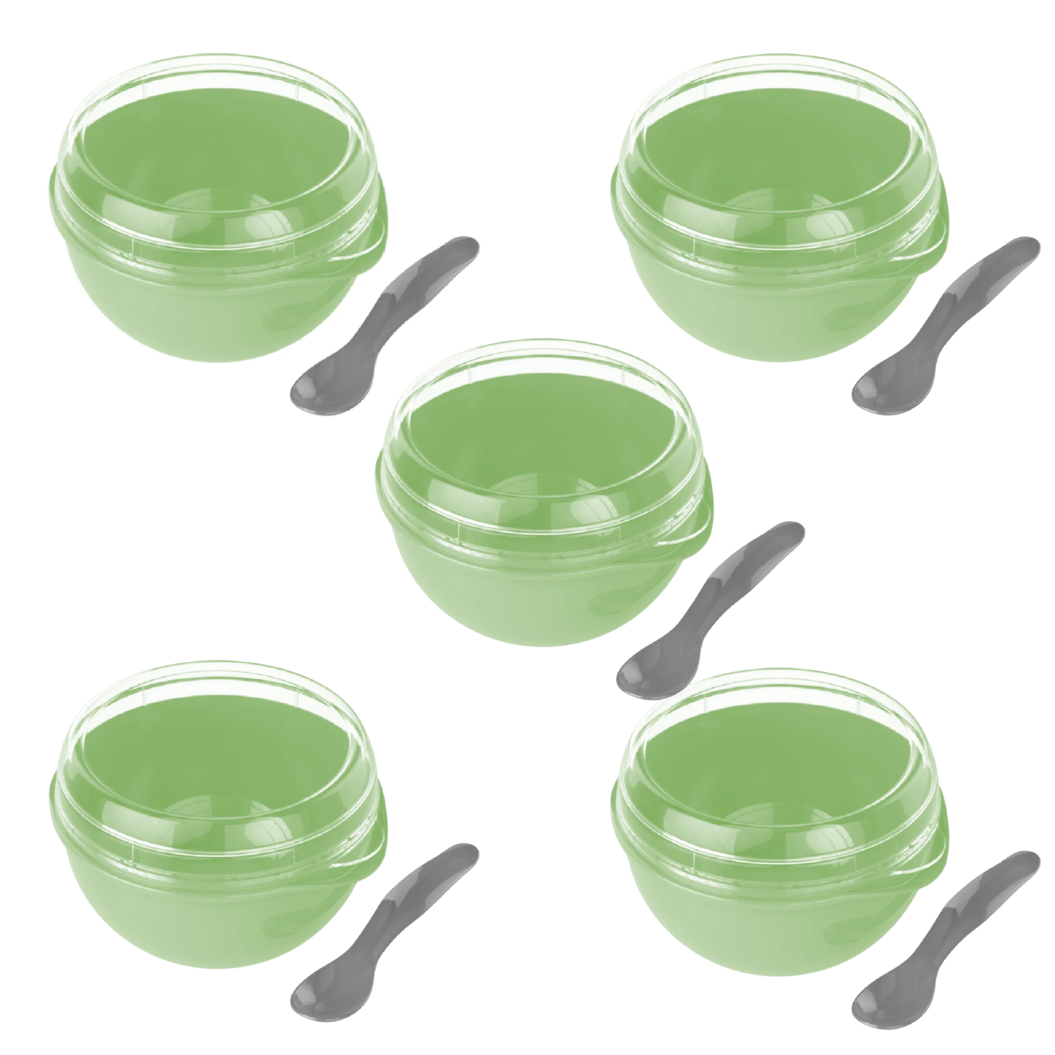 Kit 5 Bowl Com Tampa e Colher Plástica Verde 500ml Livre de BPA Plasvale
