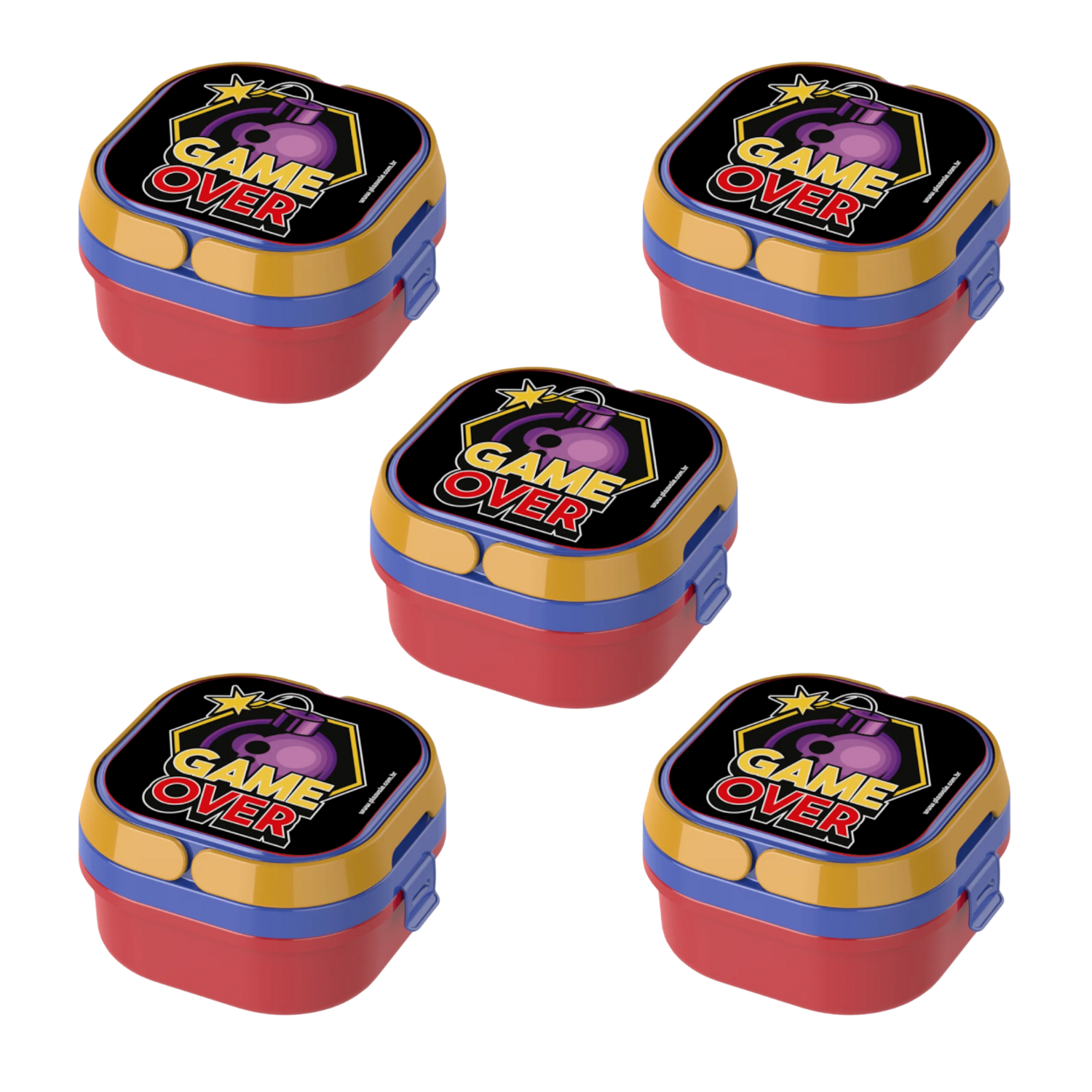 Kit 5 Pote de Marmita c/ 2 Compart. Plástico Livre BPA Vermelho Game Over Plasvale